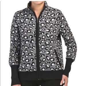 Rachel Zoe Grey and Black Leopard Full Zip Front Sweater Cardigan